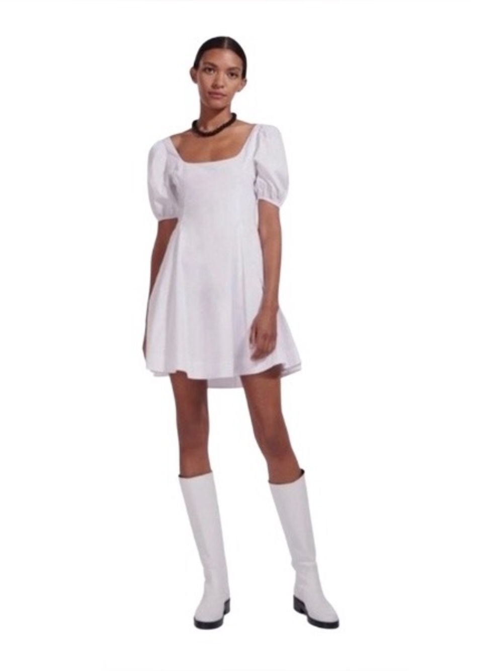 STAUD Laelia Mini Dress White Cotton Lined Puff Sleeves Size 8